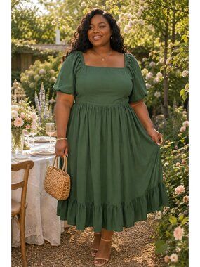 Jessakae Collection Green Cottagecore Puff Sleeve Midi Dress XL Rayon Cotton